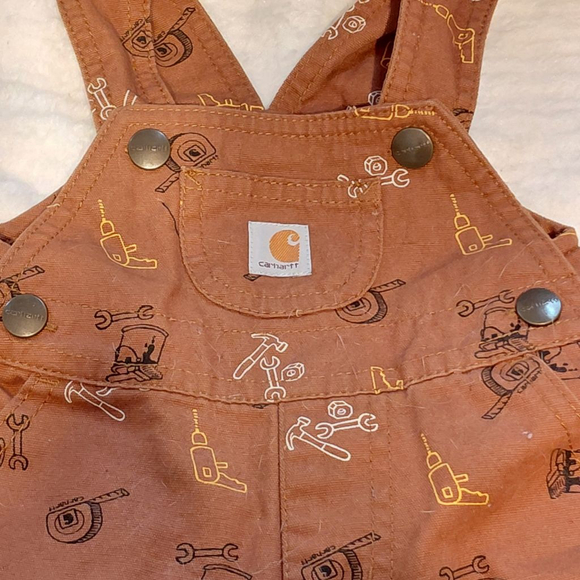 Baby Carhartt Brown Tool Print Short Overalls 6 Months - Picture 2 of 4